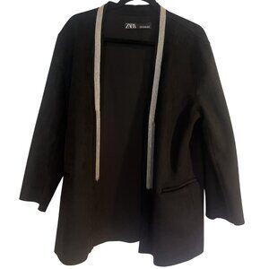 Zara Womens Black Faux Suede Jacket Size L Silver Jewel Trim Western Inspired